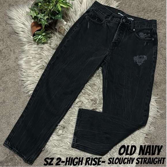 Old Navy Slouchy Straight-2-High Rise-Black-Button Fly-Vintage Wash - Picture 1 of 16